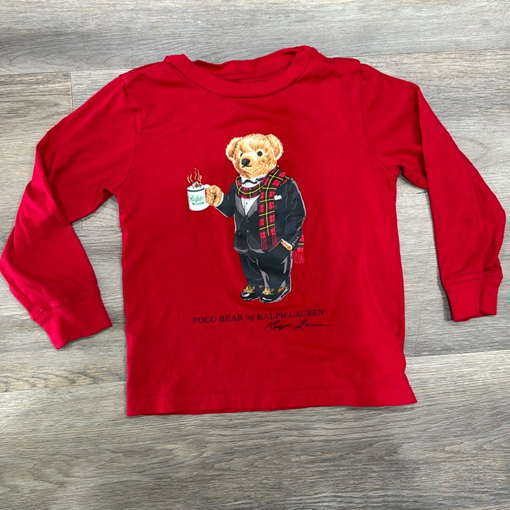 Polo Bear Ralph Lauren Shirt Red Preppy Bear Long Sleeve Tee - Picture 1 of 3